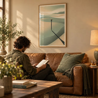 Minimalist Landscape Art Print, framed on the wall of a cosy snug with a warm sand wall in a living room