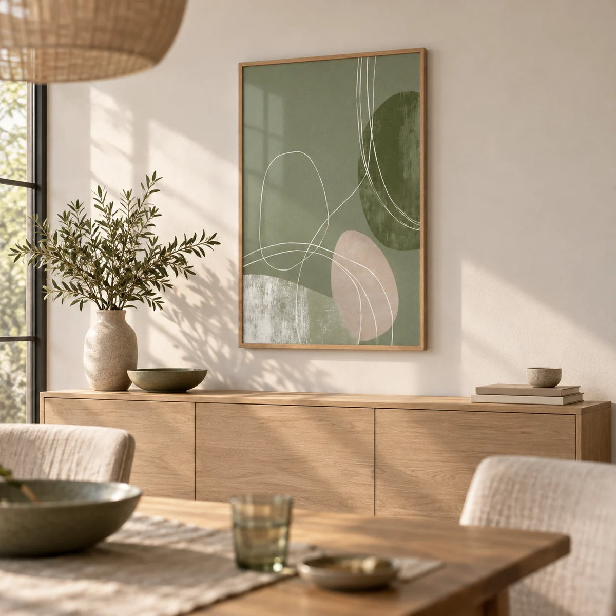 Minimalist Line Art, framed on the wall of a calm dining room