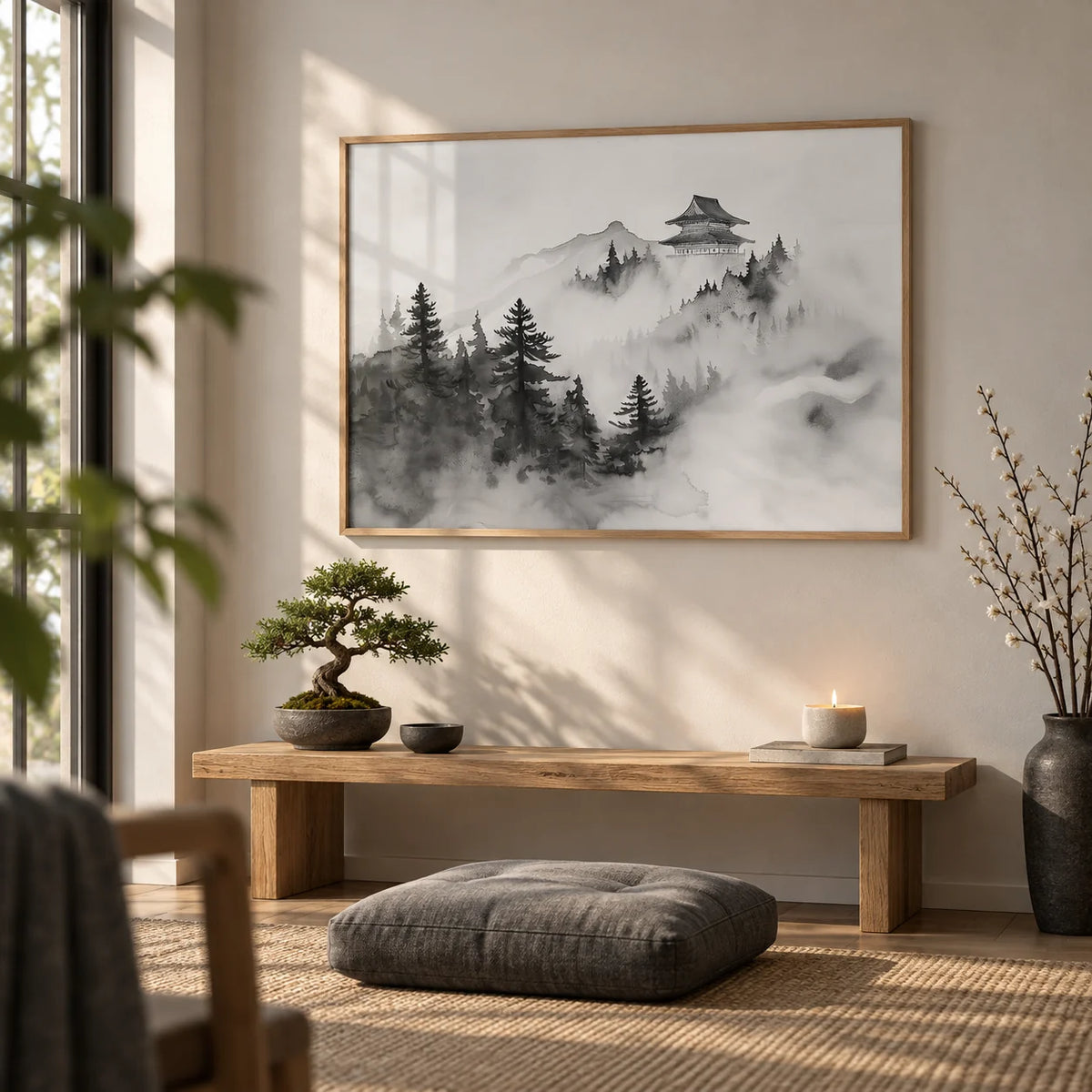 Minimalist Mountain Art, framed on the wall of a quiet meditation corner