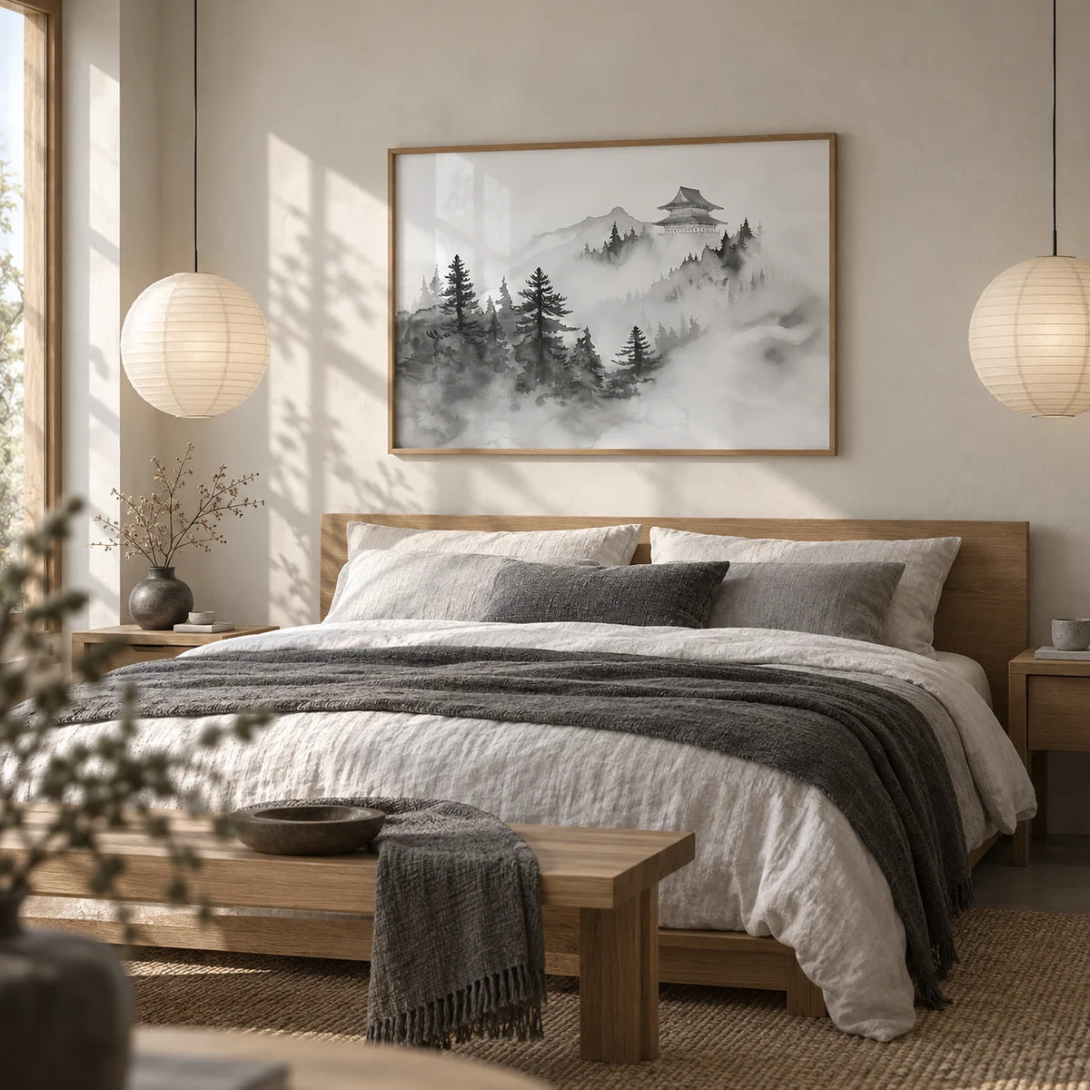 Minimalist Mountain Art, framed on the wall of a serene Japandi bedroom