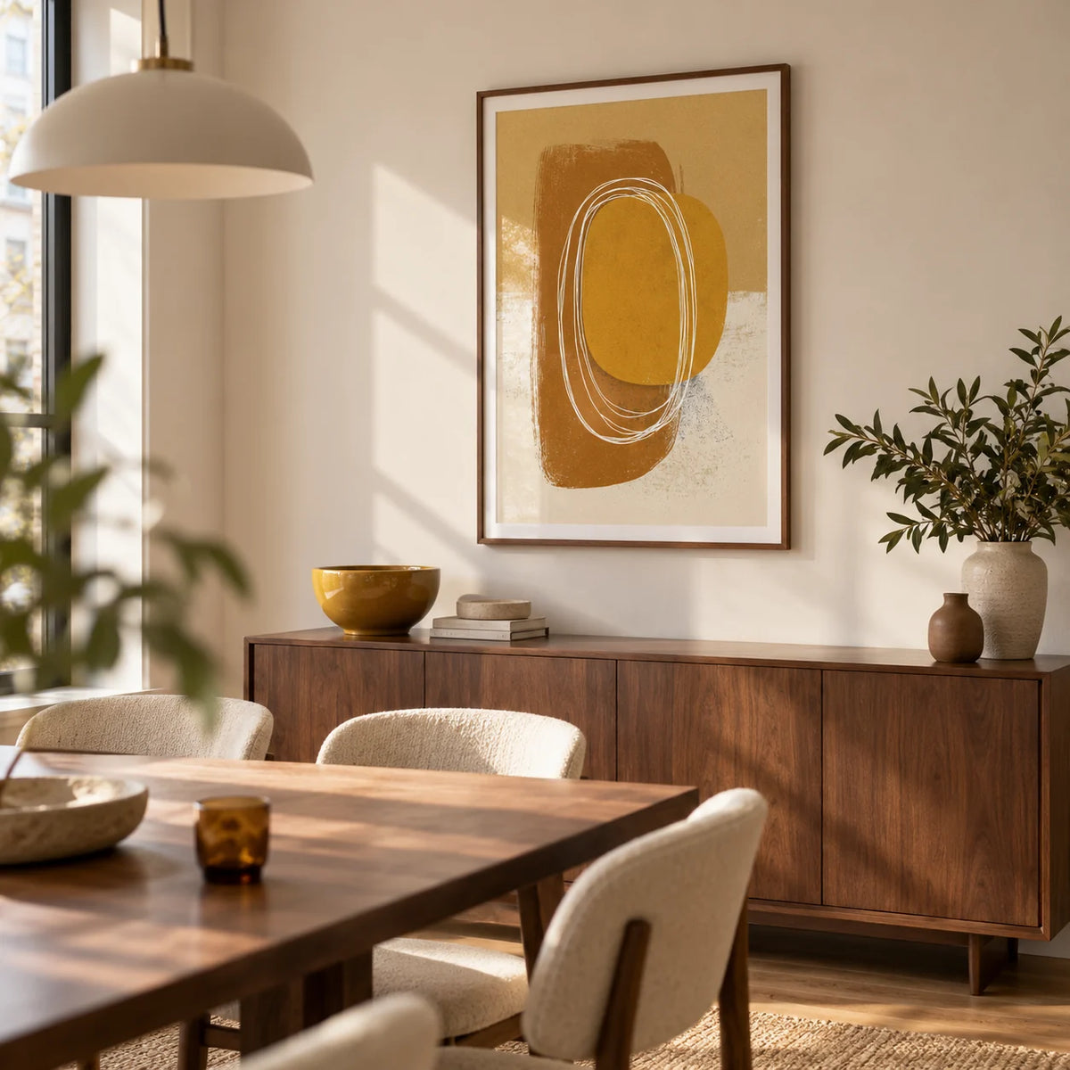 Minimalist Organic Wall Art, framed on the wall of a compact modern dining room in a city flat with warm white walls and a walnut dining table