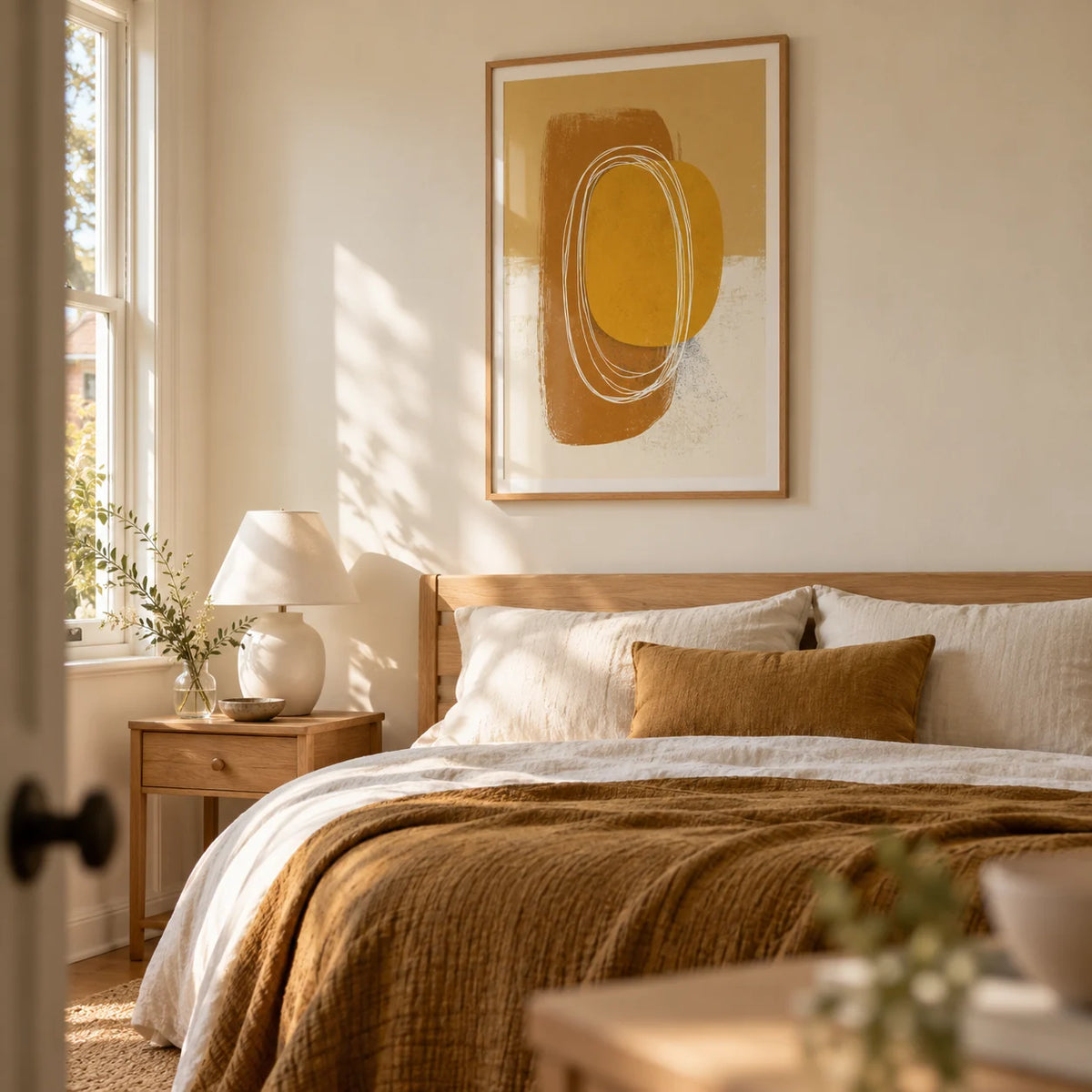 Minimalist Organic Wall Art, framed on the wall of a restful bedroom in a renovated UK terrace with pale cream plaster walls
