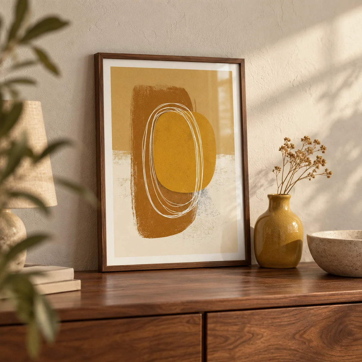 Minimalist Organic Wall Art, a small A4 framed print leaning on a walnut sideboard in a living room