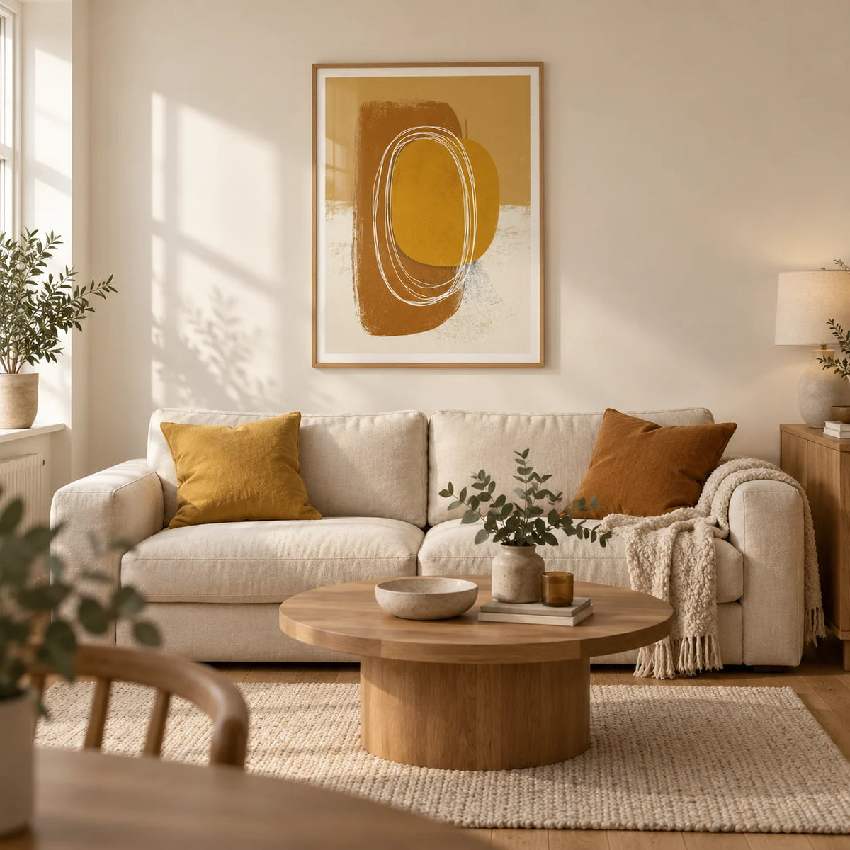 Minimalist Organic Wall Art, framed on the wall of a warm modern living room in a UK terraced home with chalky cream walls and oak floorboards