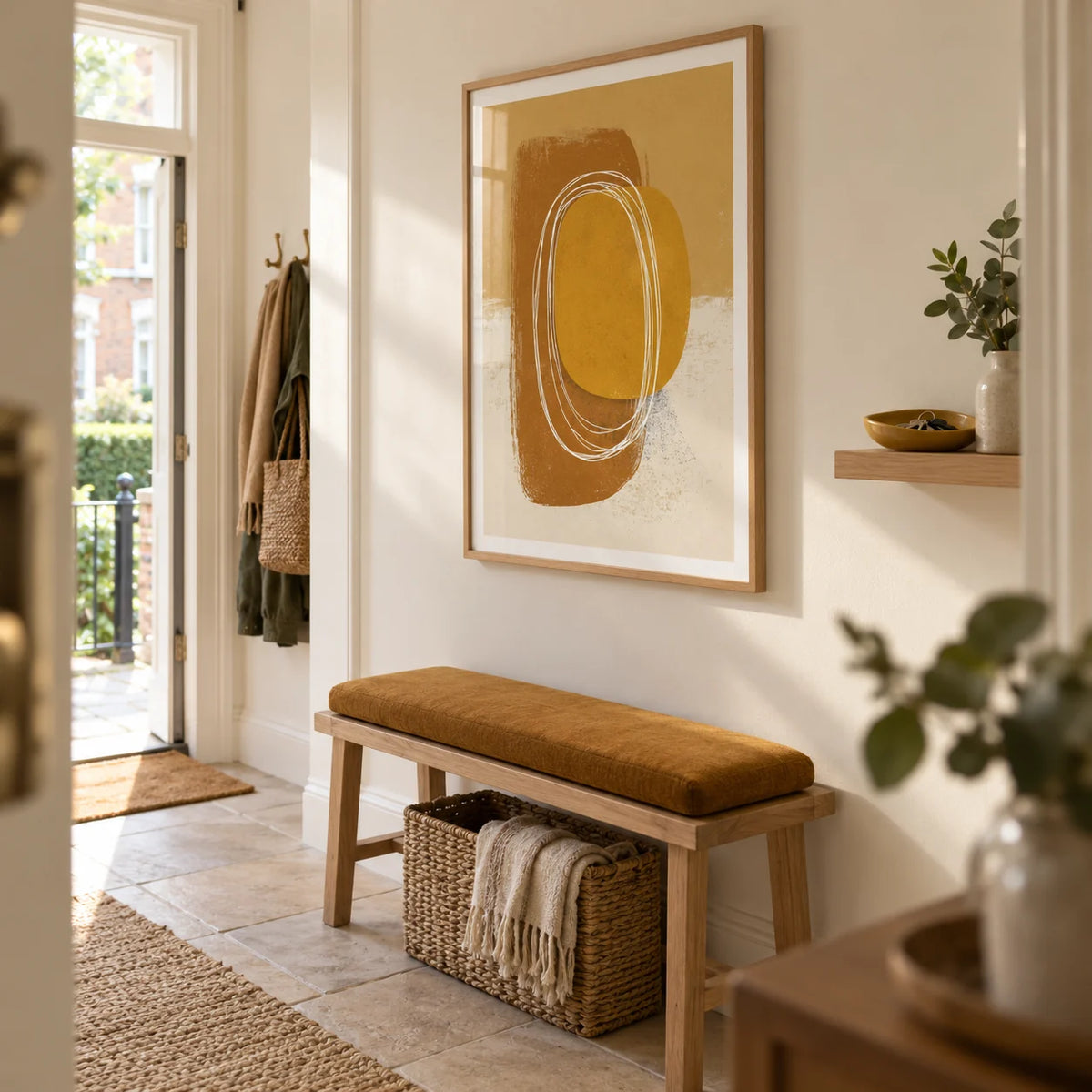 Minimalist Organic Wall Art, framed on the wall of a welcoming narrow hallway in a UK terraced house with ivory walls and pale stone floor tiles