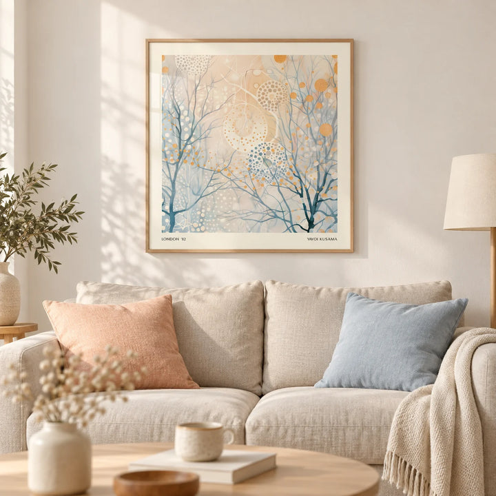 Minimalist Poster Art, framed on the wall of a calm Scandi living room with a soft white wall