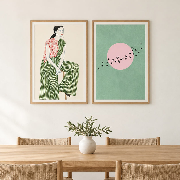 Minimalist Wall Art Set of 2 hung at eye level above a dining table: Chic Fashion and Flying Birds shown framed side by side (frames not included)