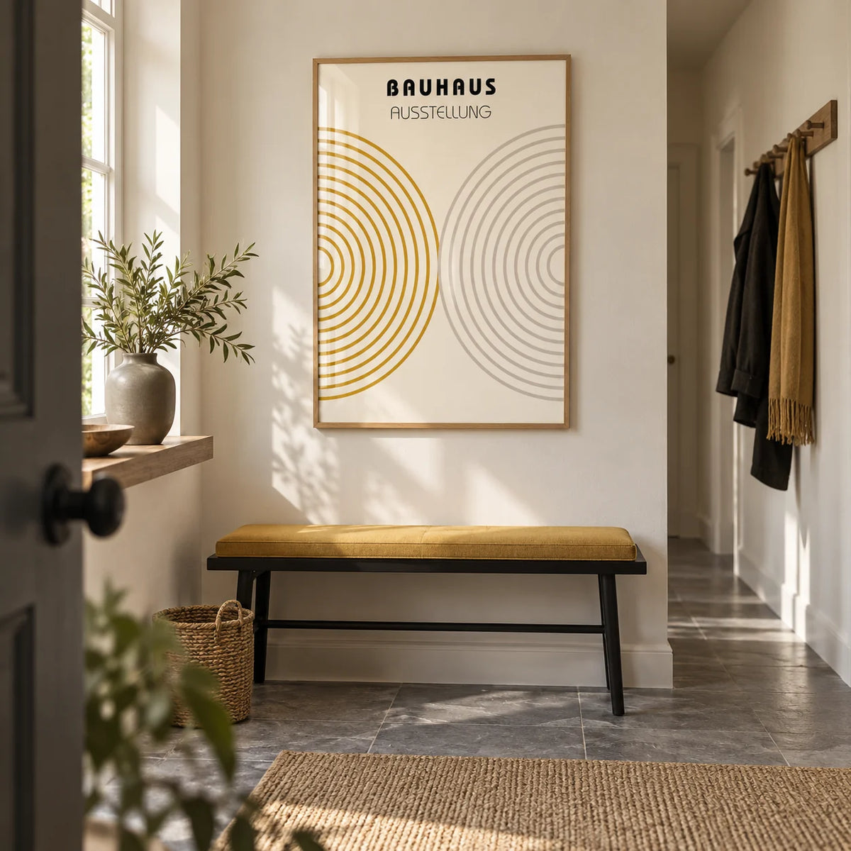 Minimalist Wall Decor, framed on the wall of a bright entrance hallway in a modern UK flat with a cream wall and a grey stone floor