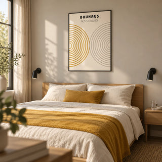 Minimalist Wall Decor, framed on the wall of a calm contemporary bedroom with a warm grey-beige wall and simple black bedside lights