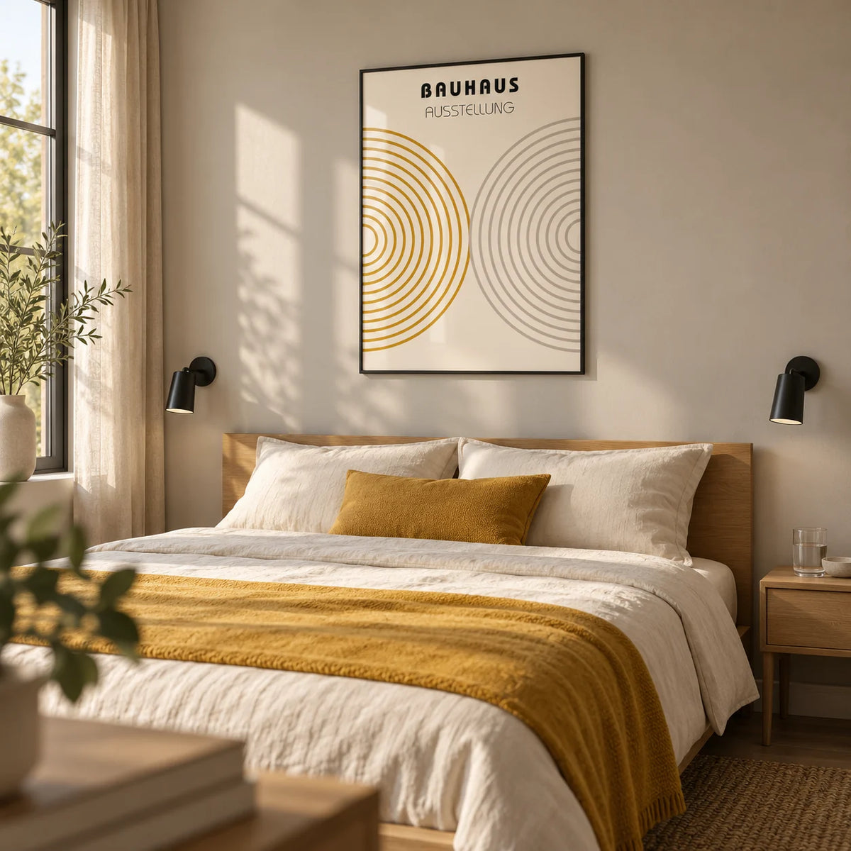 Minimalist Wall Decor, framed on the wall of a calm contemporary bedroom with a warm grey-beige wall and simple black bedside lights