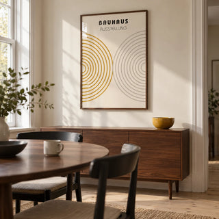 Minimalist Wall Decor, framed on the wall of a compact modern dining room in a renovated UK terrace with a cream wall and pale timber floor
