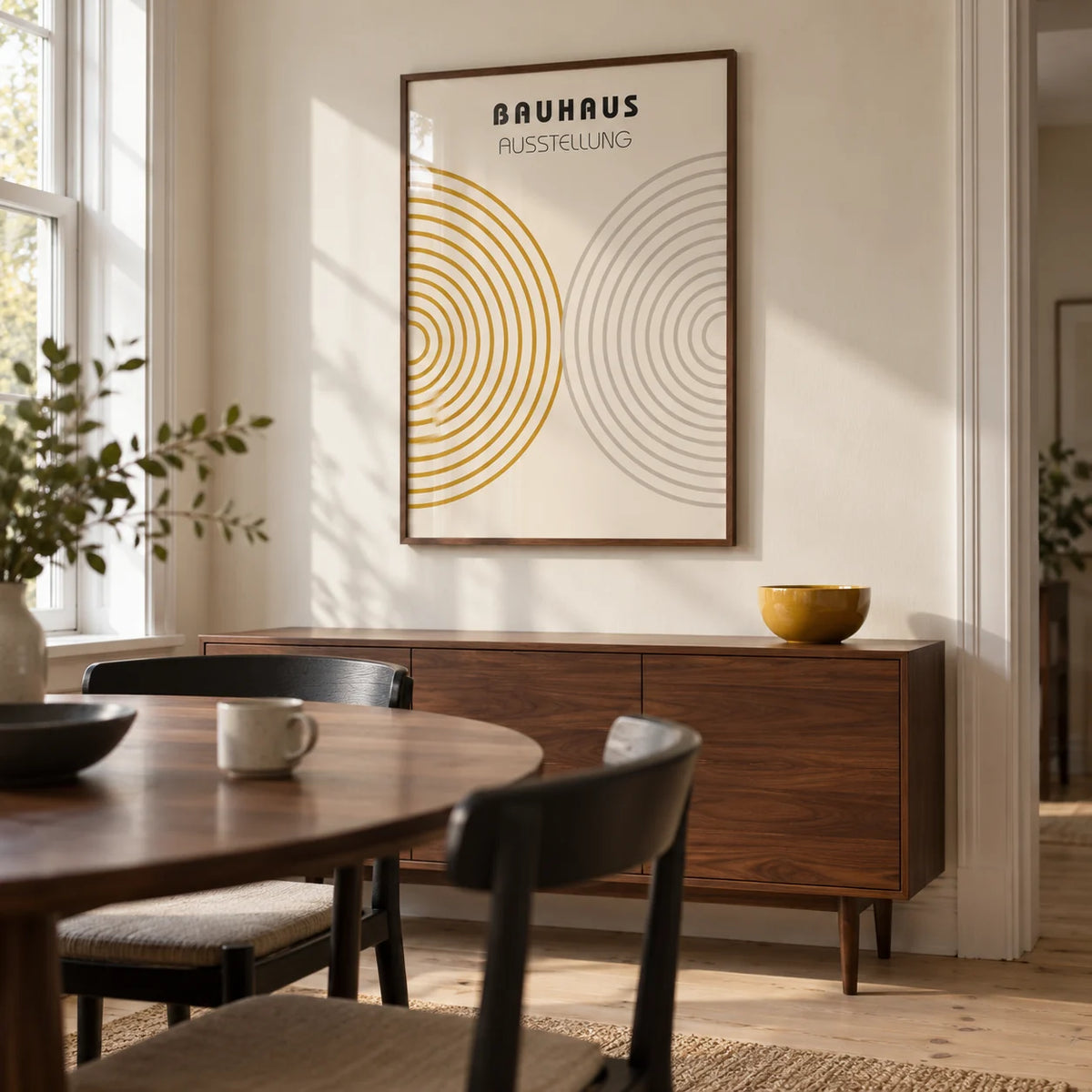 Minimalist Wall Decor, framed on the wall of a compact modern dining room in a renovated UK terrace with a cream wall and pale timber floor