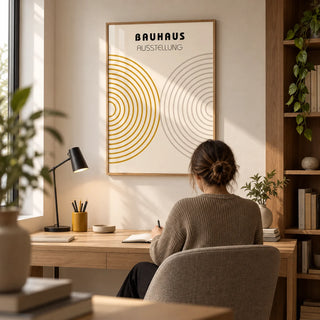 Minimalist Wall Decor, framed on the wall of a quiet modern home study with an off-white wall and fitted walnut shelving
