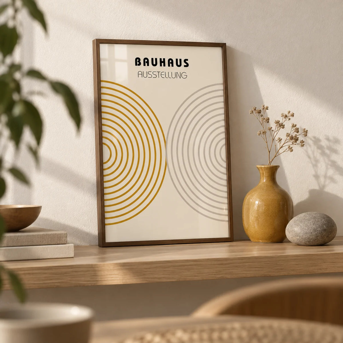 Minimalist Wall Decor, a small A4 framed print leaning on a pale oak shelf in a living room