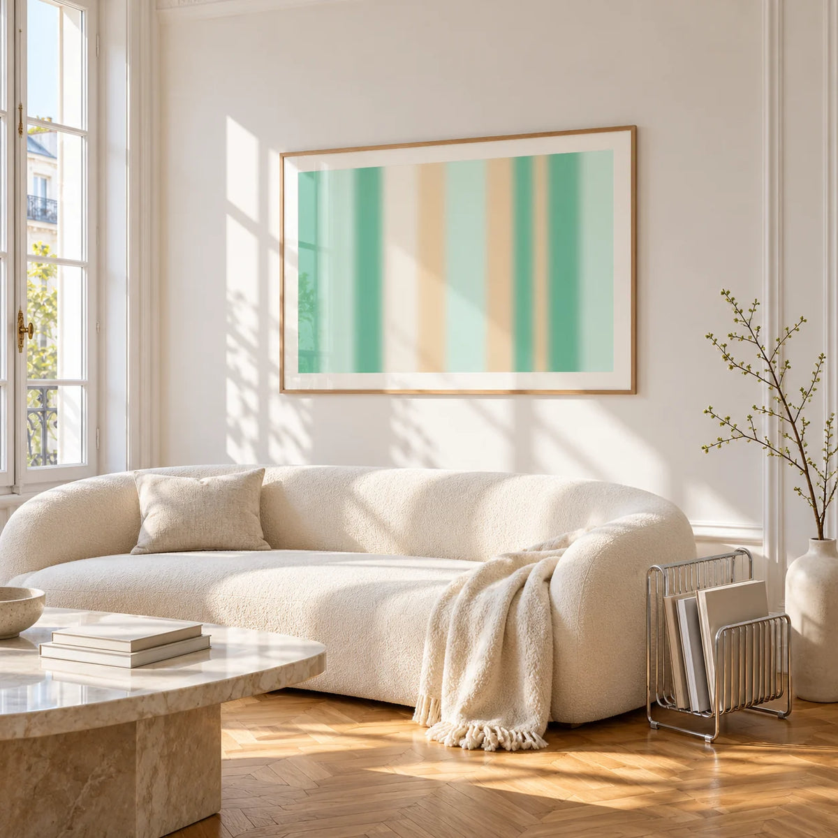 Mint Green Wall Art, framed on the wall of a bright living room corner