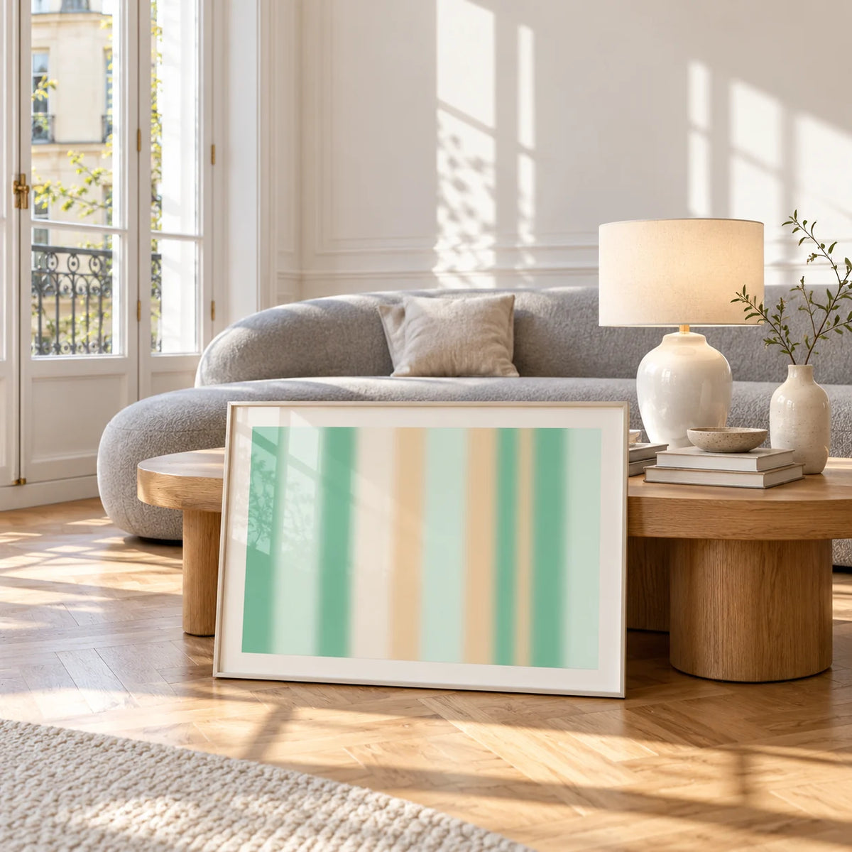 Mint Green Wall Art, framed and leaning against a coffee table in a bright living room