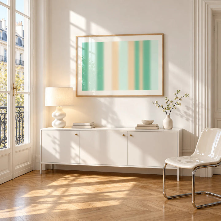 Mint Green Wall Art, framed on the wall of a bright Paris style apartment in a living room