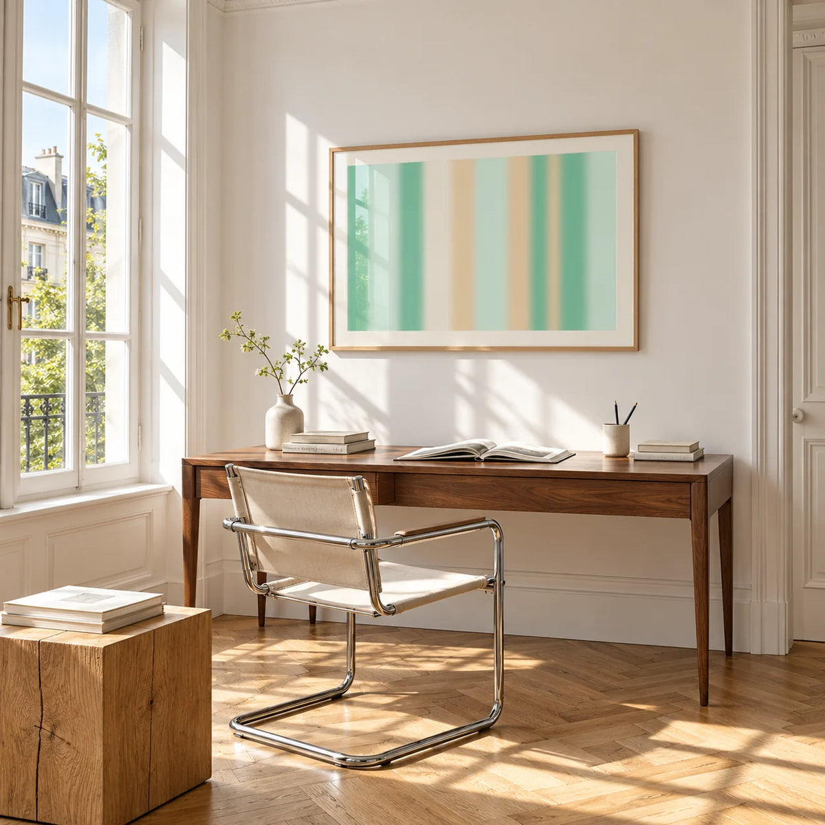 Mint Green Wall Art, framed on the wall of a bright study corner with a tall white paned window