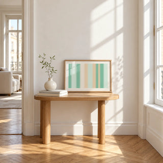 Mint Green Wall Art, a small A4 framed print leaning on a small solid oak side table