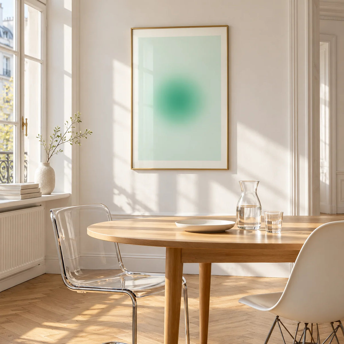 Mint Print, framed on the wall of a bright dining corner