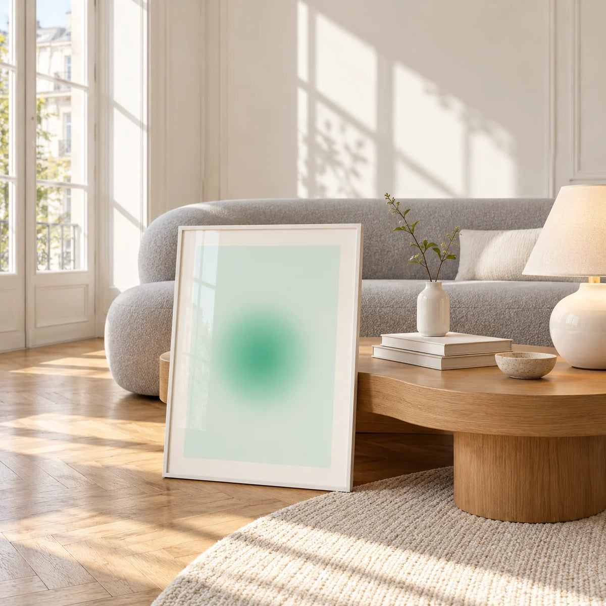 Mint Print, framed and leaning against a coffee table in a bright living room