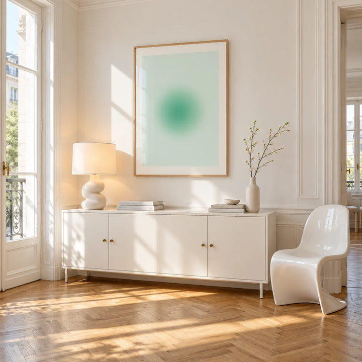 Mint Print, framed on the wall of a bright Paris style apartment in a living room
