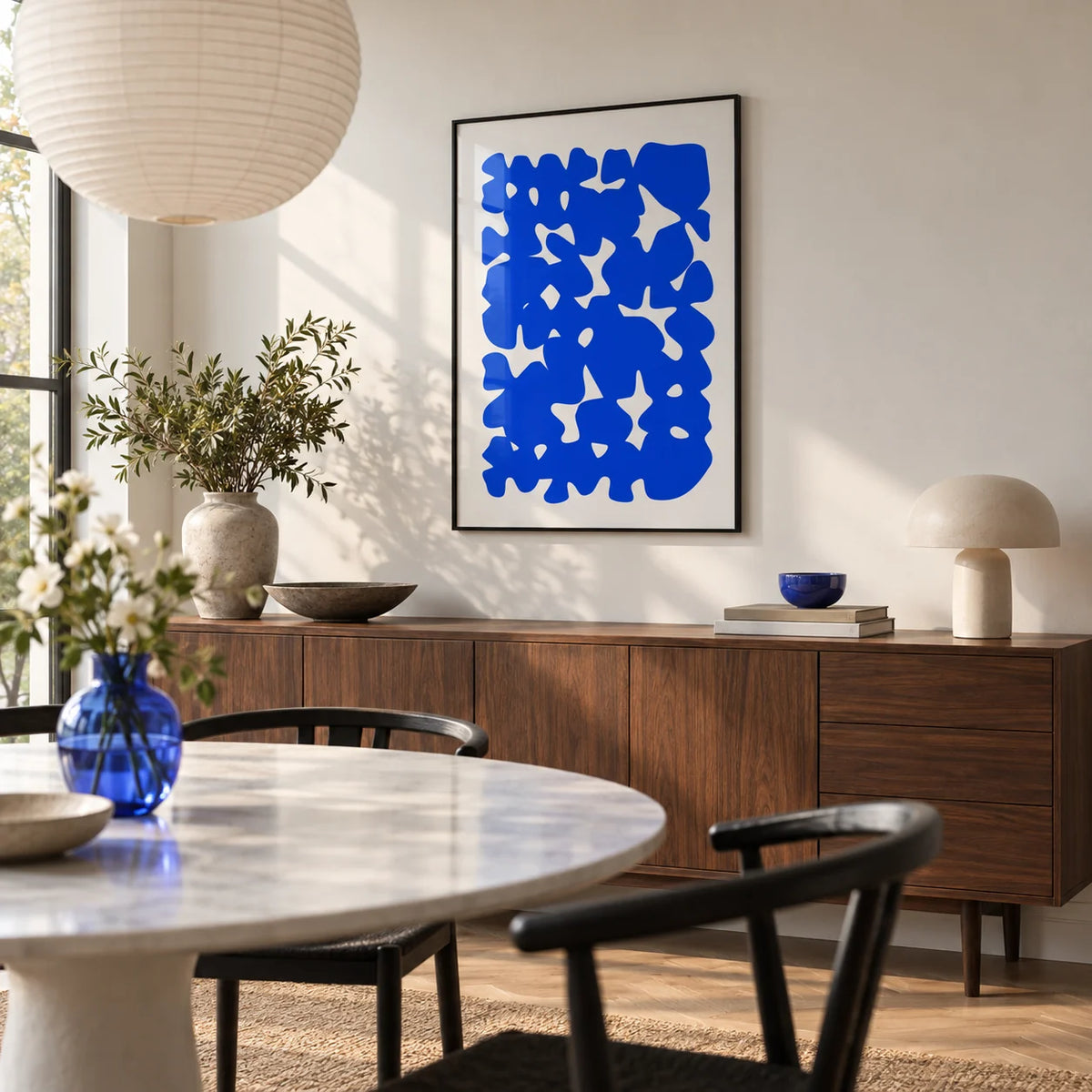 Modern Abstract Art, framed on the wall of a modern dining room