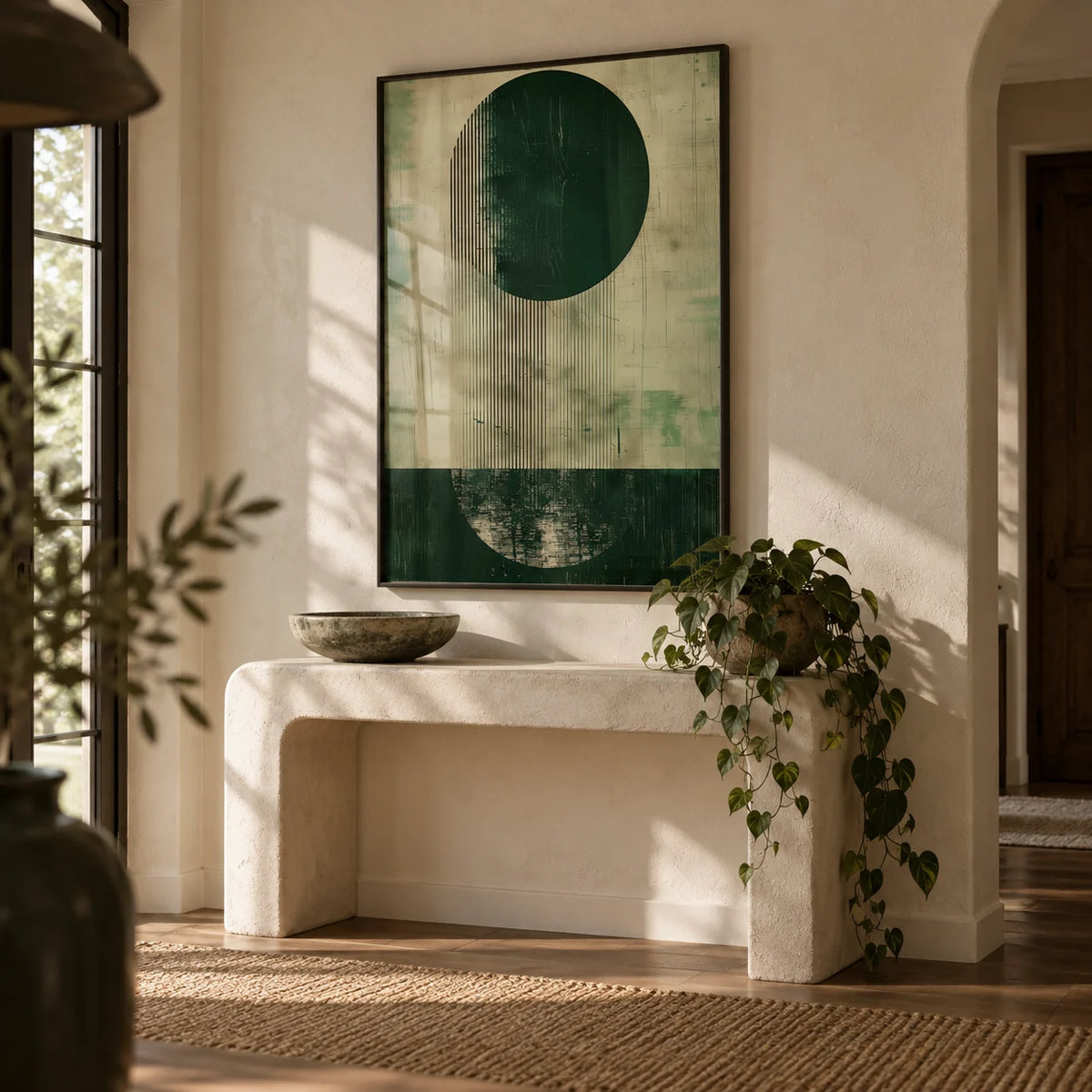 Modern Abstract Art Print, framed on the wall of a calm entryway