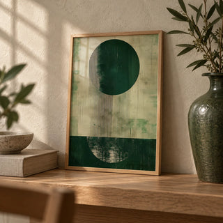 Modern Abstract Art Print, a small A4 framed print leaning on an oak shelf in a living room