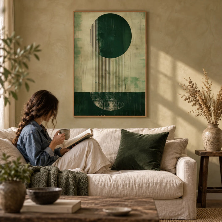 Modern Abstract Art Print, framed on the wall of a wabi-sabi living room with a warm limewashed wall