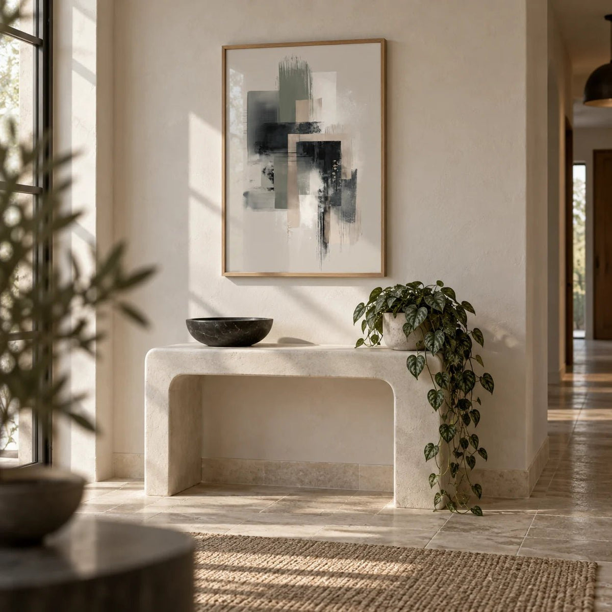 Modern Abstract Poster, framed on the wall of a calm hallway with a limestone floor