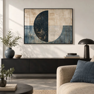 Modern Art Poster, framed on the wall of a design-led city-flat living room with a white wall and a polished concrete floor
