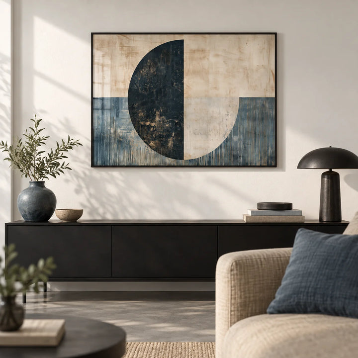 Modern Art Poster, framed on the wall of a design-led city-flat living room with a white wall and a polished concrete floor