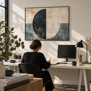 Modern Art Poster, framed on the wall of a graphic designer's studio with a white wall in a home office