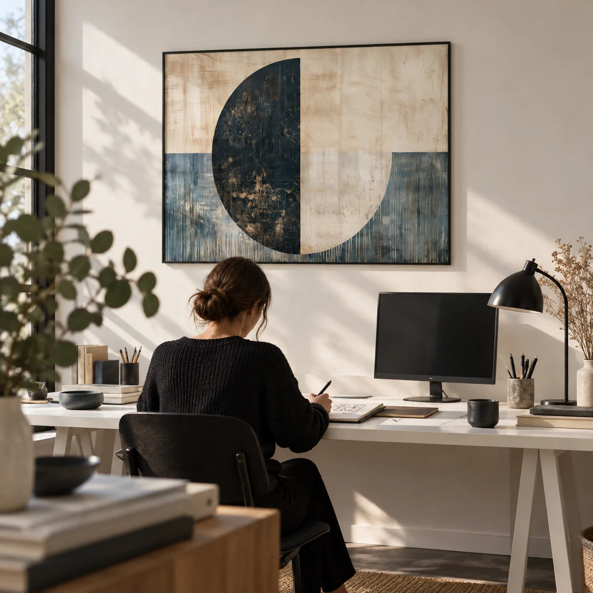 Modern Art Poster, framed on the wall of a graphic designer's studio with a white wall in a home office