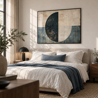 Modern Art Poster, framed on the wall of a modern bedroom with a soft white wall