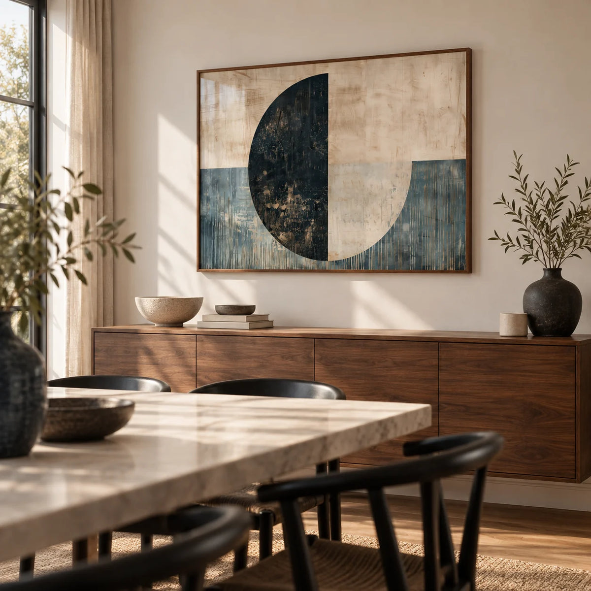 Modern Art Poster, framed on the wall of a modern dining room with a warm white wall