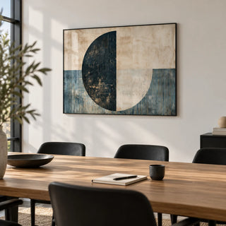 Modern Art Poster, framed on the wall of a modern meeting room in a small studio with a white wall in a home office