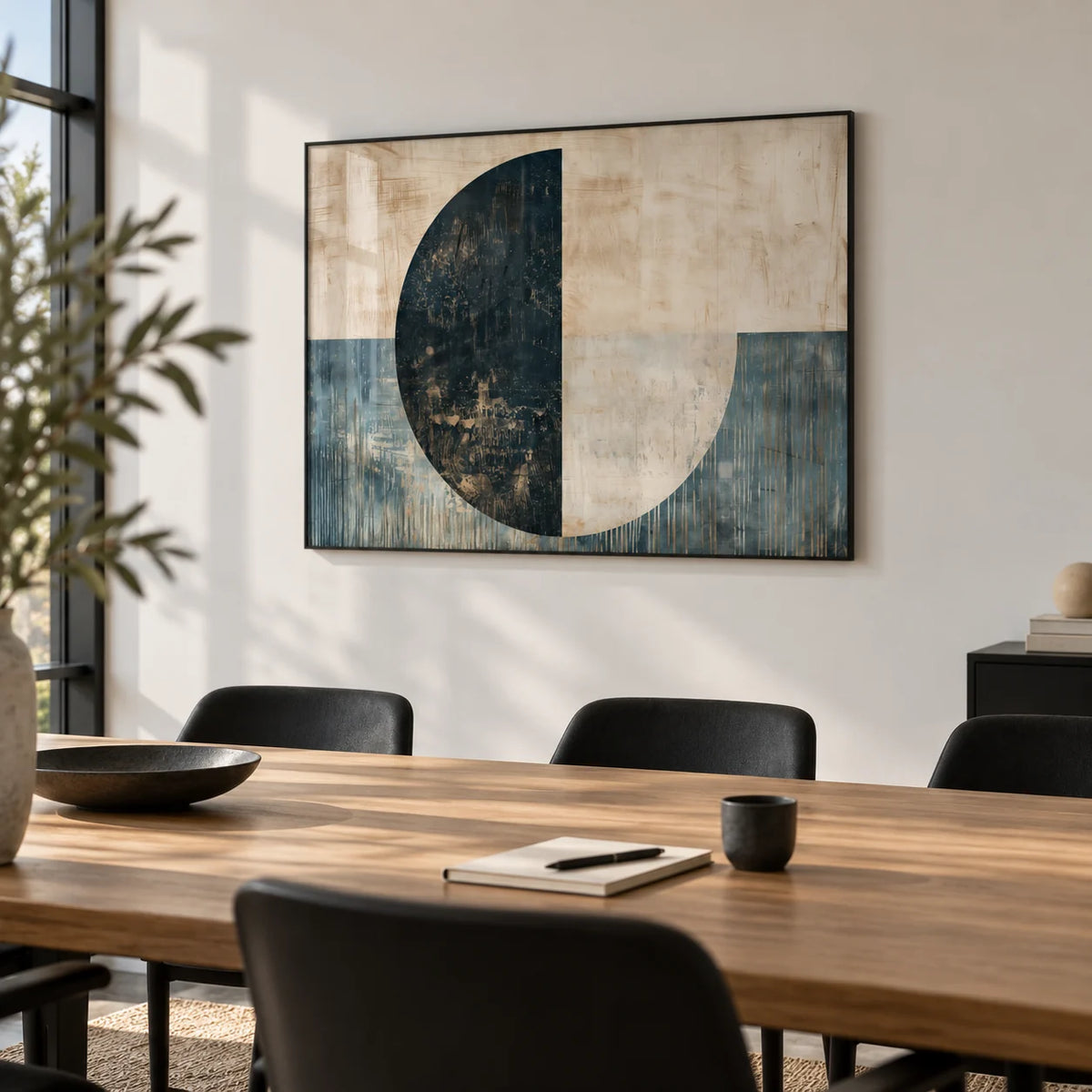 Modern Art Poster, framed on the wall of a modern meeting room in a small studio with a white wall in a home office