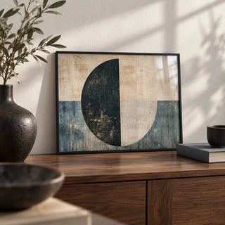 Modern Art Poster, a small A4 framed print leaning on a walnut sideboard in a living room