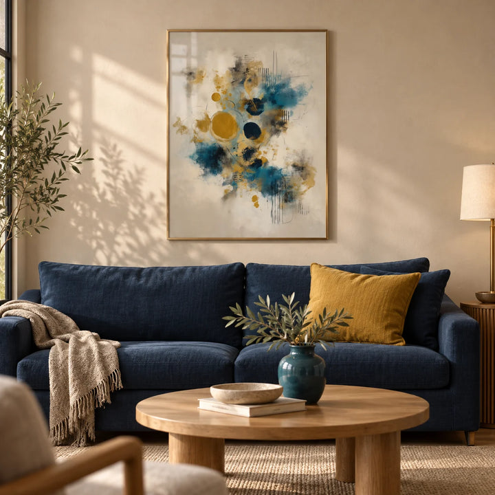 Modern Art Print, framed on the wall of a calm modern living room with a warm beige wall