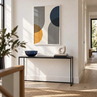 Bauhaus Abstract Art Print, framed on the wall of a crisp modern hallway with a white wall and pale oak floor