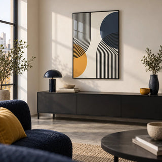 Bauhaus Abstract Art Print, framed on the wall of a modern city-flat living room with a concrete floor