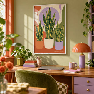 Modern Botanical Print, framed on the wall of a cheerful home office