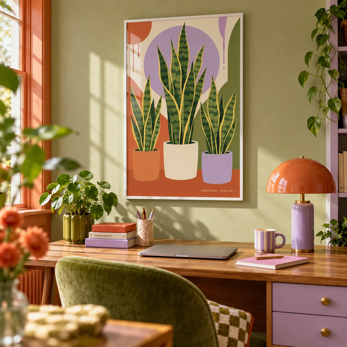 Modern Botanical Print, framed on the wall of a cheerful home office