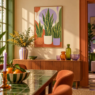 Modern Botanical Print, framed on the wall of a colourful dining room