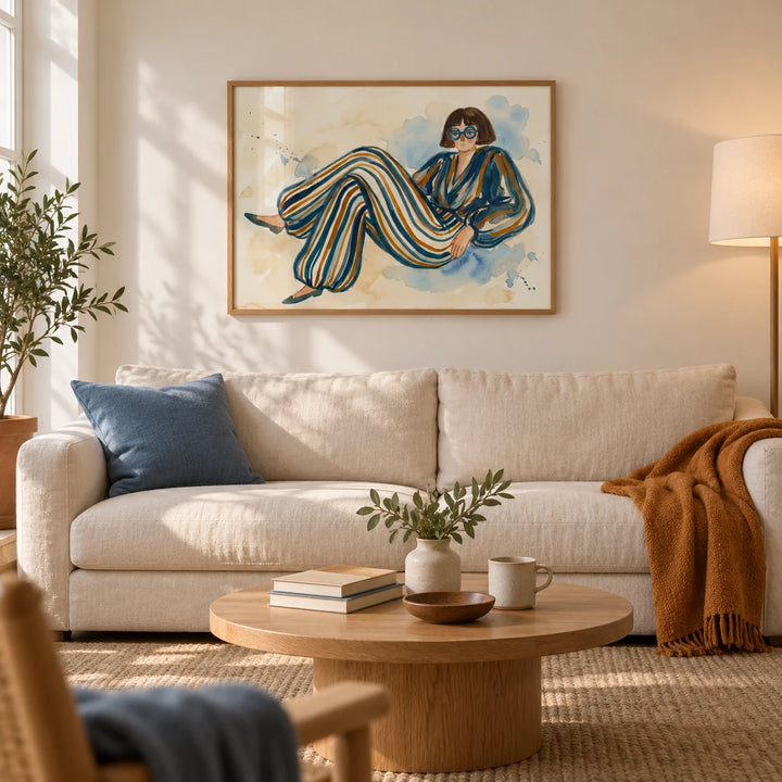 Modern Female Illustration, framed on the wall of a relaxed modern living room in a UK first flat (25-35)