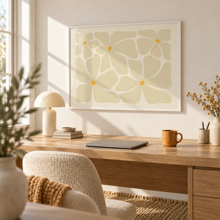 Modern Floral Poster, framed on the wall of a bright home office