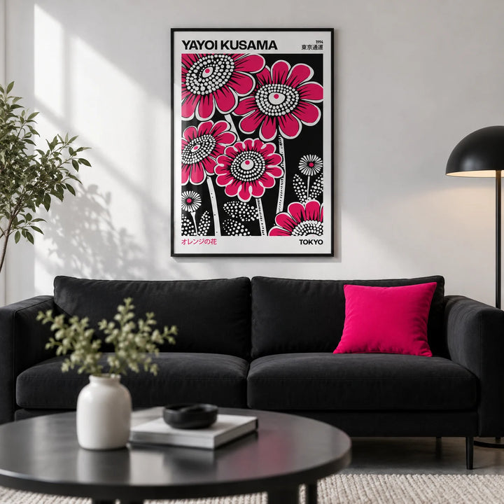 Modern Floral Wall Art, framed on the wall of a modern monochrome living room with a white wall