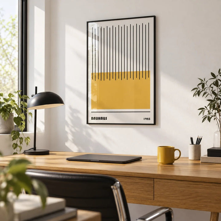 Modern Geometric Art, framed on the wall of a crisp modern home office